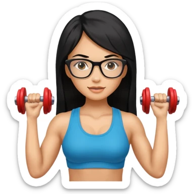 Mujer fitness usando mancuernas con lentes y cabello largo negro sticker