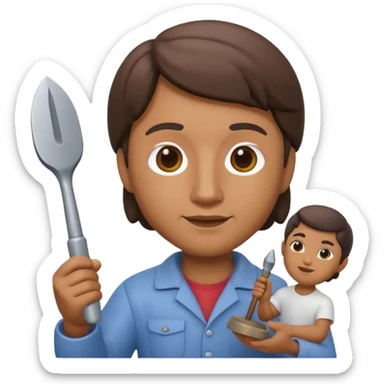 Apple Memoji-style 3D emoji of a sculptor with a small statue and chisel, smooth gradients, rounded edges, no background. sticker