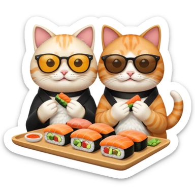 two cats with shades, enjoying sushi, emoji style sticker