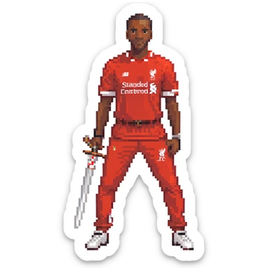 A black man holding a sword, wearing a Liverpool FC shirt and trousers sticker