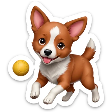Playful red heeler puppy with tongue out, running with a ball sticker