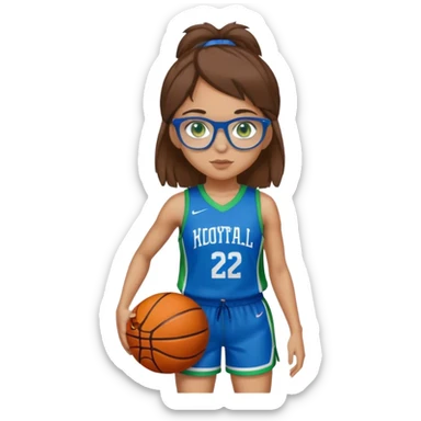 Full Body white plus size Girl with basketball spikey short brown HAIR wearing blue glasses with green eyes wearing blue and green basketball uniform PLAIN sticker