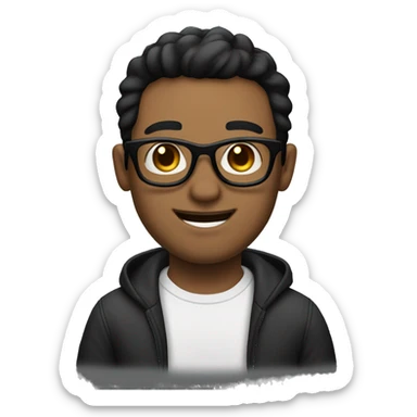 Man who is 30 years old and smilling. He is straight black hair and black eyes and wear black glasses. He has a White skin and a bearb and a moustaph sticker