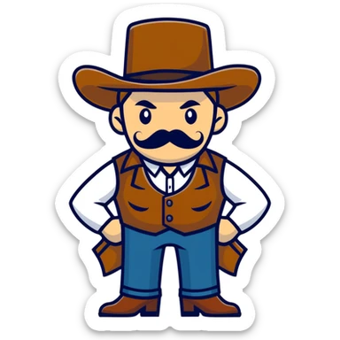 Dutch van der Linde from Red Dead Redemption, charismatic gang leader with mustache, wearing a vest and hat, wild west outlaw sticker