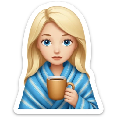 Blonde with blue eyes wrapped up in a cozy blanket with a hot coffee sticker