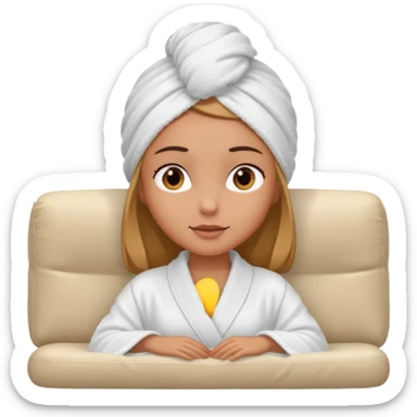 spa A contented and relaxed girl with a towel on her head in a white robe lies on a couch. The icon displays the couch and the girl in full three-quarter view. sticker