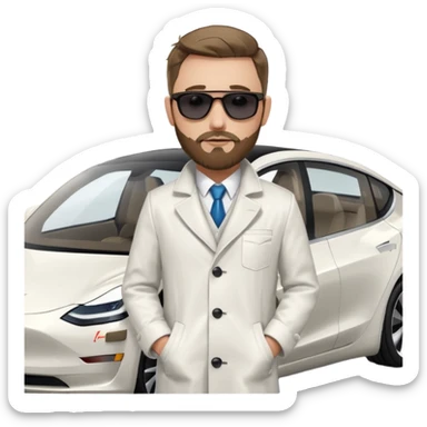 White tesla model 3 with one cool physician with dark blond hair, beard and dark sunglasses next to it sticker