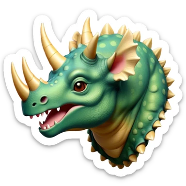 Beautiful and Majestic Triceratops Portrait Emoji, Head and body rendered in serene repose with a gentle, content smile, showcasing a robust, horned form with an intricately frilled head and eyes softly closed in tranquil repose, Simplified yet exquisitely endearing features, highly detailed, glowing with a soft, drowsy prehistoric light, high shine, relaxed and utterly majestic, stylized with an air of ancient splendor, soft glowing outline, capturing the essence of a beautiful and majestic Triceratops that embodies the timeless strength of the ancient world! sticker