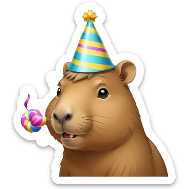 Capybara wearing a party hat and blowing a streamer sticker