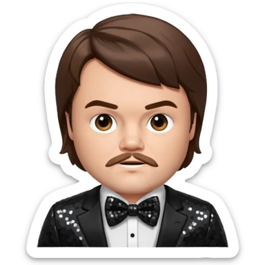 Jack Black with brown hair, black sequin suit with bow tie sticker