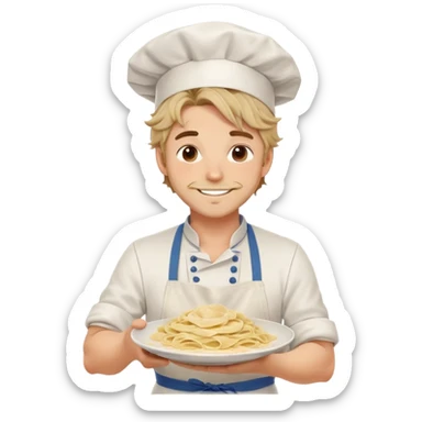 Attractive chef boyfriend with messy apron, tousled hair, playful smile, holding a plate of pasta, flour on cheeks, romantic sticker