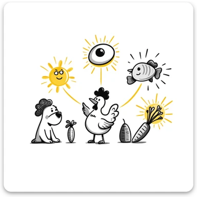 Ethereal magical image of glowing chicken, luminous fish, and radiant carrots with golden beams connecting them to a healthy eye, glowing skin and a shimmering immune shield sticker