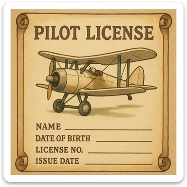 vintage-style pilot license with retro airplane and scroll-like border sticker