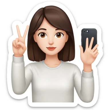 Brunette girl making peace sign while taking selfie sticker