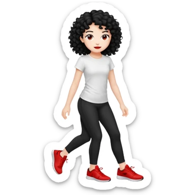 generate a pretty bratz fair skinned girl with curly black hair wearing a white tshirt trekking with red sneakers on and black leggings sticker