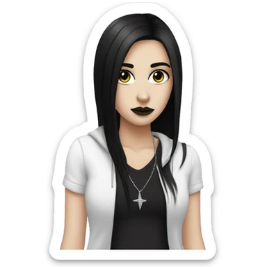 White Girl with black long hair black eyes and piercings on lower lip emo clothes sticker