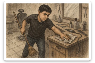 sartaroshxonani tozalayotgan o'smirin bola juda  yosh ham emas katta ham supir sudir qilaytgani narsalarni tozalayotgani yuzi ko
 sticker