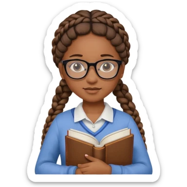 A student, girl, brown skin, braid hair, wearing glasses, hold book in front of their chest sticker