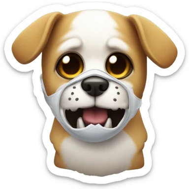 A little dog with a huge ball in its mouth, wearing a Skelton mask  sticker