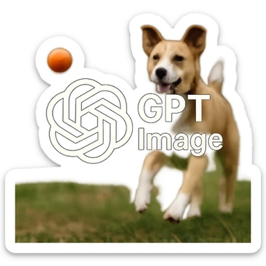 logo of chat gpt with text "GPT Image" on the background of a dog chasing ball, realistic image sticker