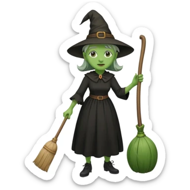 Old witch with green skin and a big nose waering a black dress and riding a broom sticker