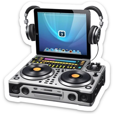 Create a professional and technical emoji that represents remixing music. The design should feature a high-end DJ controller, turntables with vinyl records, and a sound mixing console with faders to symbolize the technical aspects of remixing. Include elements like studio headphones and a laptop or digital audio workstation (DAW) screen to reflect the tools used in music production. Use colors like black, silver, and neon accents to convey the professional, high-tech nature of remixing. The background should be transparent. sticker