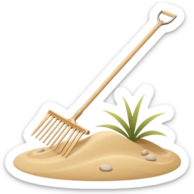 Minimalist emoji of a Japanese zen garden rake with four teeth, elegant thin lines, light wood tone, sand-beige palette, flat vector style, calm and balanced aesthetic, zen-inspired, transparent background, premium minimal design sticker