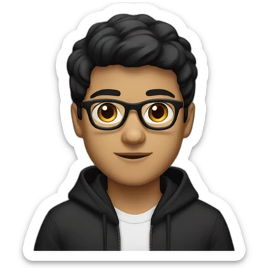 hispanic boy wearing glasses in a black hoodie with straight black beiber style hair with brown eye sticker