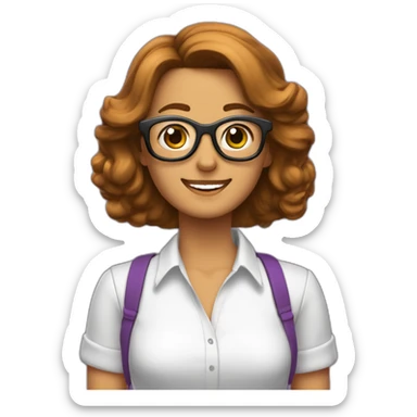 mujer-piel blanca-con gafas-sonriendo-camisa morada-pelo corto hasta el hombro-cabello marron,con un computador,muy detallada sticker