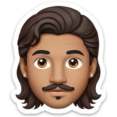 Young man with medium brown skin, mixed-race ethnicity, MUCH longer wavy dark brown hair with a center part, mustache separated from goatee, medium brown eyes, very small diamond stud earrings in both ears, head only floating face with NO shoulders or torso visible at all sticker