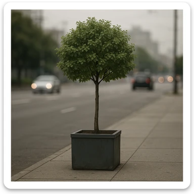 a single tree in a planter on a concrete sidewalk, distant from other greenery, with blurred traffic in the background, feeling isolated, urban environment, realistic style sticker