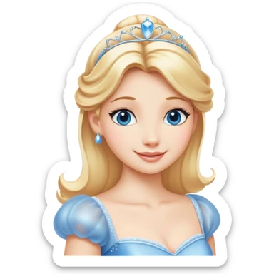 Cinematic Radiant Cinderella Portrait Emoji, rendered in a clean vector-style with bold proportions. Show Cinderella with a warm, serene smile, fair skin, and lustrous blonde hair, wearing a simple yet elegant dress that shimmers with gentle light. The image glows with an inviting, soft radiance and high shine, embodying timeless beauty. sticker