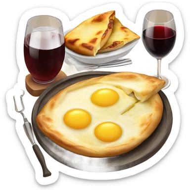Khachapuri in Ajarian style, 2 identical  glasses of wine and 2 skewers with meat   sticker