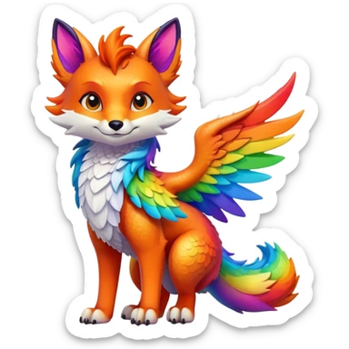 Cartoon Fox dragon hybrid with wings face front full body rainbow colored sticker