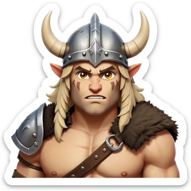 Clash of Clans aesthetic: Cinematic Fierce Barbarian Portrait Emoji, Poised and bold with a rugged yet cartoonish build in tattered furs and a horned helmet, expressive bright eyes and a confident smirk, Simplified yet dynamic features, highly detailed, glowing with a vivid, adventurous aura, high shine, heroic and spirited, stylized with an air of medieval warrior charm, focused and energetic, soft glowing outline, capturing the essence of a fearless barbarian adventurer ready to lead his clan with spirited valor! sticker