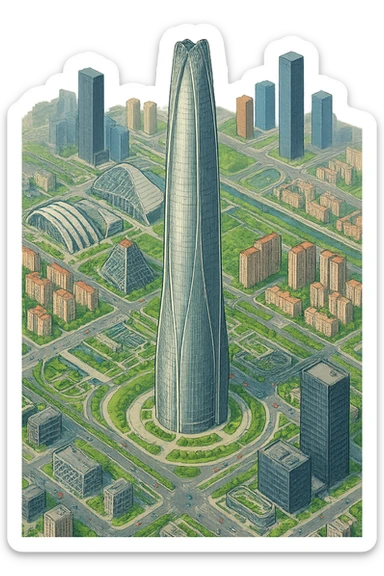 Изометричная, яркая, детализированная, объемная и фотореалистичная иллюстрация башни Tianjin CTF Finance Centre. В стиле 3D-коллажей городов, насыщенные цвета, аккуратные и чёткие линии, мультяшно-реалистичная стилистика. Чёткие контуры, не размазанные линии, высокое качество, прозрачный фон, не обрезать края картинки sticker