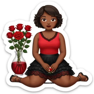 A plus-size black woman with short, straight, dark brown hair is wearing a red sleeveless shirt and a black lace ruffled skirt. She is holding a rose and sitting on the floor with her legs crossed. On the floor is a glass vase with red roses. sticker