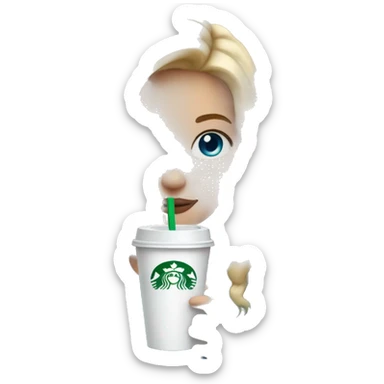 blonde girl blue eyes with Starbucks cup drink sticker