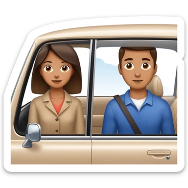 woman standing outside car, man inside car with window down sticker