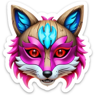 Ancient wooden mask, split in half, luminous and neon with red, blue and pink fox-like glow. sticker