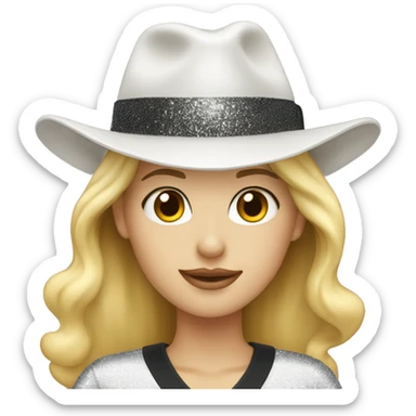 blonde white woman wearing an oversized glitter white tshirt and black fedora sticker