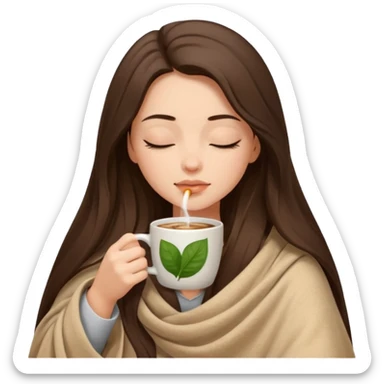 Brunette girl long hair inside a beige blanket sipping coffee eyes closed sticker