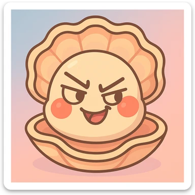 Add a soft pastel background with a gradient of light blue and pink to the cute oyster. Keep all the pastel toon details including the creamy, peach, and greige texture, the pearly and voluminous shell, the bright red cheeks, and the mischievous expression. sticker