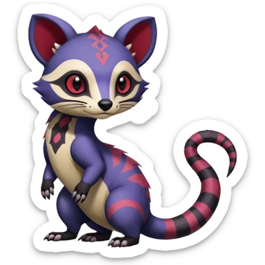 Rare warm-colored exotic gloomy tropical edgy cute epic aesthetic spooky indigo violet white black red gothic colorful Salandit-Furret-Civet-species-Fakemon-hybrid-creature, with tribal tattoo markings, full body sticker