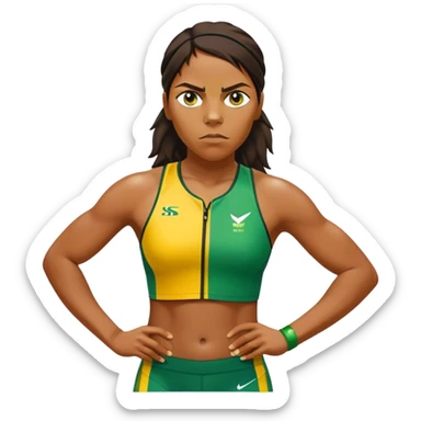 Cinematic Realistic portrait of Cathy Freeman, shown as an iconic Australian sprinter with a focused, determined expression and modern athletic yellow and green attire accented with subtle native motifs, rendered in dynamic, vibrant lighting sticker