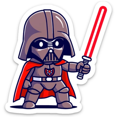 Oreo cookie wearing Sith lord helmet and cape with red lightsaber sticker