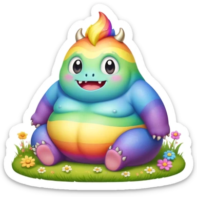 Kawaii derpy fat rainbow monster sitting in a magic field, rich textures, visually detailed, so lifelike that it feels like it could leap off the page at any moment sticker