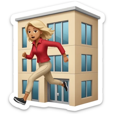 woman running out of a condo emergency exit, clear action, modern building, expressive sticker
