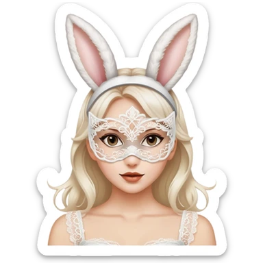 A woman wearing a delicate white lace mask with bunny ears sticker