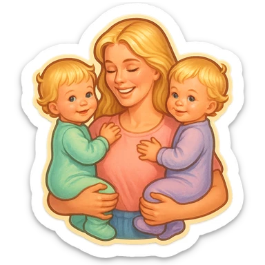 mom with long light blonde hair holding two one-year-old twin girls with short light blonde hair, all wearing pastel outfits, retro stickers style, soft shadows, various pose options sticker